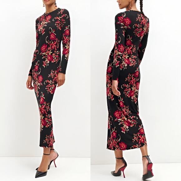 Reformation Tommie Knit Long Sleeve Floral Midi Dress Black Red Size Small - Picture 1 of 6